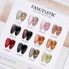 A display card showcases the "LAVIS Cat Eye CE15 - Fangtastic Collection" with 12 pairs of nail polish samples in various colors, each labeled with a number from 01 to 12.