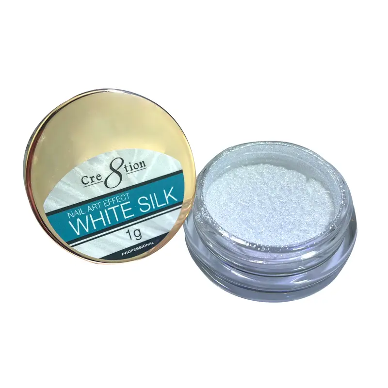 A small container of Cre8tion White Silk Chrome Nail Art Effect 1g, with the lid open to reveal the fine white powder inside.