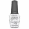A bottle of Gelish Foundation Flex Soak-Off Rubber Base Nail Gel - Clear 15ML, featuring a gray cap and a white bottle adorned with gray decorative swirls and text.