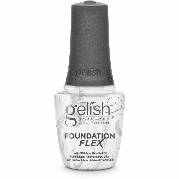 A bottle of Gelish Foundation Flex Soak-Off Rubber Base Nail Gel - Clear 15ML, featuring a gray cap and a white bottle adorned with gray decorative swirls and text.