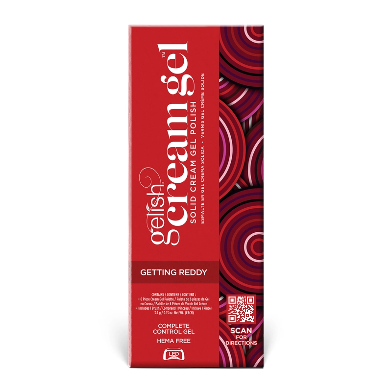 The Gelish Solid Cream Gel Polish 6pc Palette - Getting Ready, in a red package with a spiral pattern, prominently displays that it is hema-free and includes control gel. A QR code on the packaging provides directions. This palette is ideal for getting ready moments, ensuring flawless application every time.