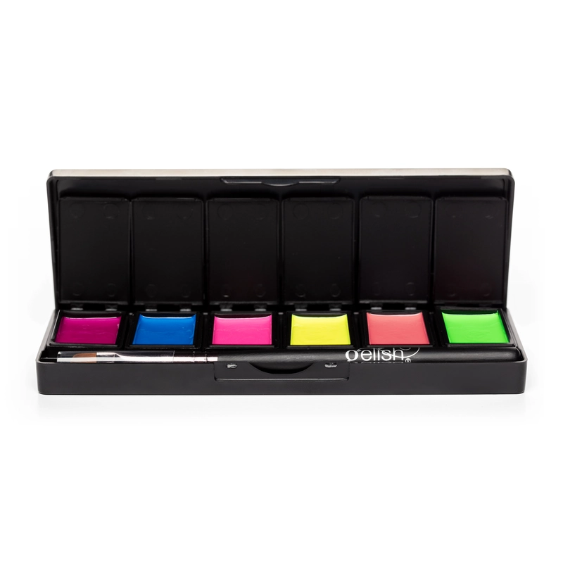 The Gelish Solid Cream Gel Polish 6pc Palette - Neon & On & On features a sleek black case containing six compartments filled with vibrant hues of pink, yellow, green, and red; it also includes an applicator brush placed at the bottom.