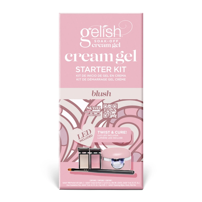 A pink box of the Gelish Solid Cream Gel Polish Starter Kit - BLUSH featuring an LED light, nail polish, nail file, and brush. Includes a QR code for more info. Achieve flawless nails with this all-in-one Cream Gel Polish starter kit!