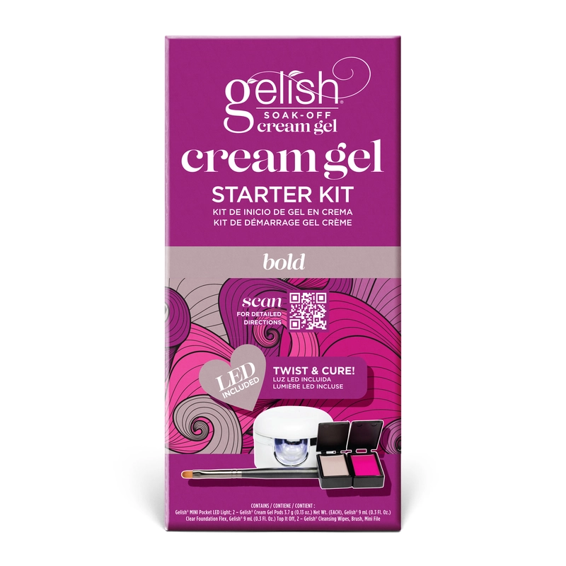 The Gelish Solid Cream Gel Polish Starter Kit - BOLD features eye-catching purple and pink packaging and includes an LED light, brush, and gel products.