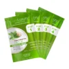 Four green packets of BareLuxury Complete Pedicure & Manicure Detox Purifying Soak, labeled with steps 1 to 4, feature ginger and green tea as key ingredients for a refreshing experience. This product is available in a convenient 48-box case.