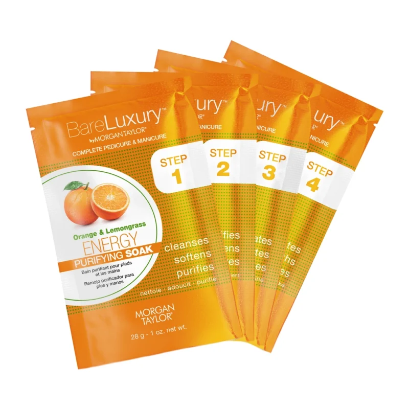 Five sachets from the BareLuxury Complete Pedicure & Manicure by Morgan Taylor, each marked with a step number and infused with the invigorating scent of "Orange & Lemongrass," are ideal for any pedicure or manicure. These packets cleanse, soften, and purify.