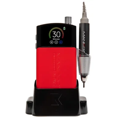 The ManiPro Passport Next Complete Black is a cutting-edge portable nail drill that boasts a digital display showing "30 RPM" and comes with an attached pen-like tool, all stylishly situated on a sleek black stand.