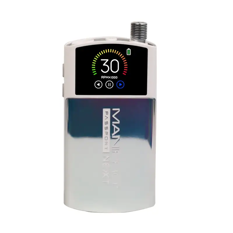 A sleek metallic device with a digital screen displaying "30 RPMx1000" and a colored gauge. The label reads "MANN+HUMMEL PASSPORT NXT ManiPro Passport Next Complete White.
