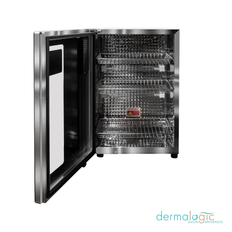 A stainless steel DERMALOGIC UV Sterilizer 60L (SAAPP-60) cabinet with its door open, revealing three wire shelves inside. The "dermalogic" logo is visible at the bottom right corner.