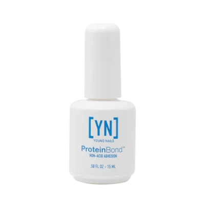 White bottle of YOUNG NAILS Protein Bond Non Acid 0.50oz, an adhesion solution, with blue text on the front. Contains 15 ml (0.5 fl oz).