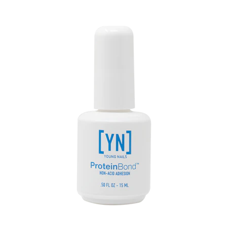 White bottle of YOUNG NAILS Protein Bond Non Acid 0.50oz, an adhesion solution, with blue text on the front. Contains 15 ml (0.5 fl oz).