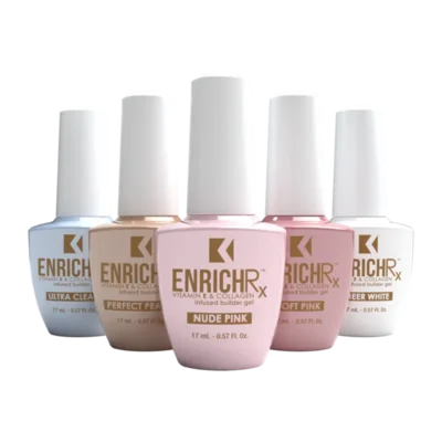 Five bottles of Kupa ENRICHRx Builder Gel in various shades are lined up.