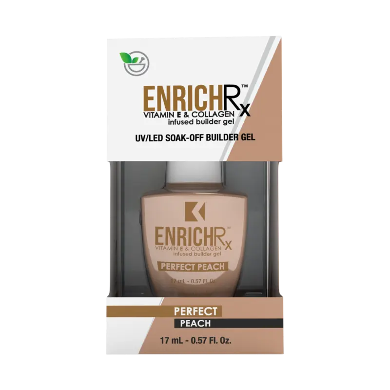 Bottle of Kupa ENRICHRx Builder Gel, Vitamin & Collagen Infused, Perfect Peach, 17 mL, in sleek packaging.