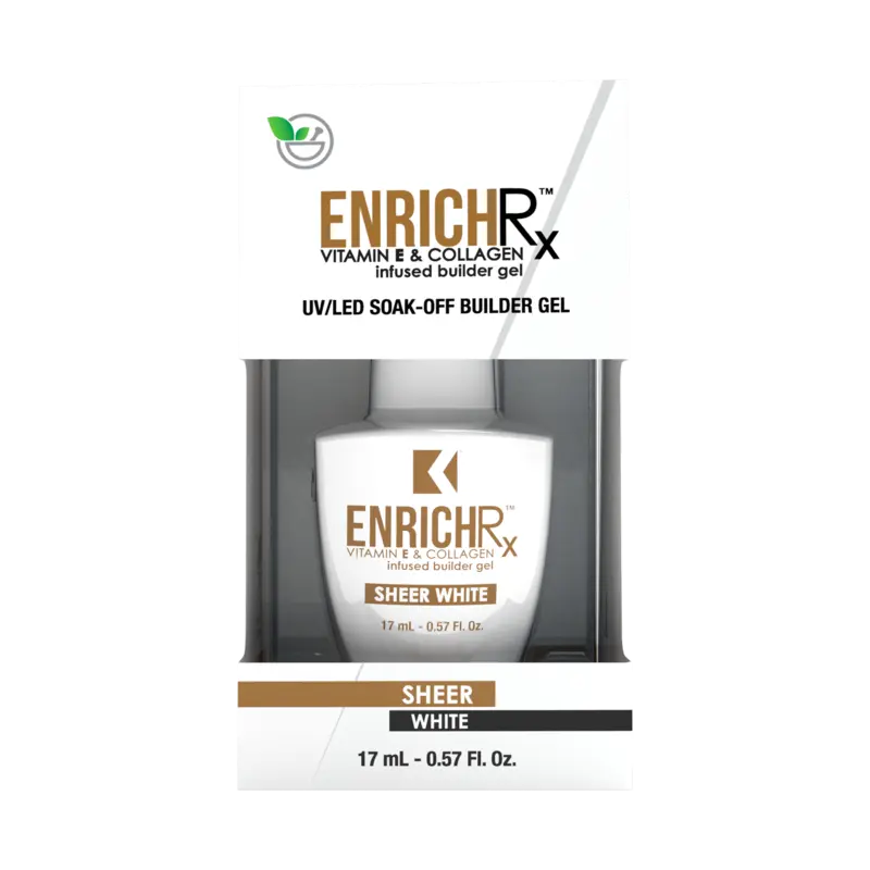 A 17 mL (0.57 fl. oz.) bottle of Kupa ENRICHRx Builder Gel, a UV/LED soak-off gel infused with vitamin E and collagen in sheer white, gracefully presented on a product display by Kupa experts for professional results.