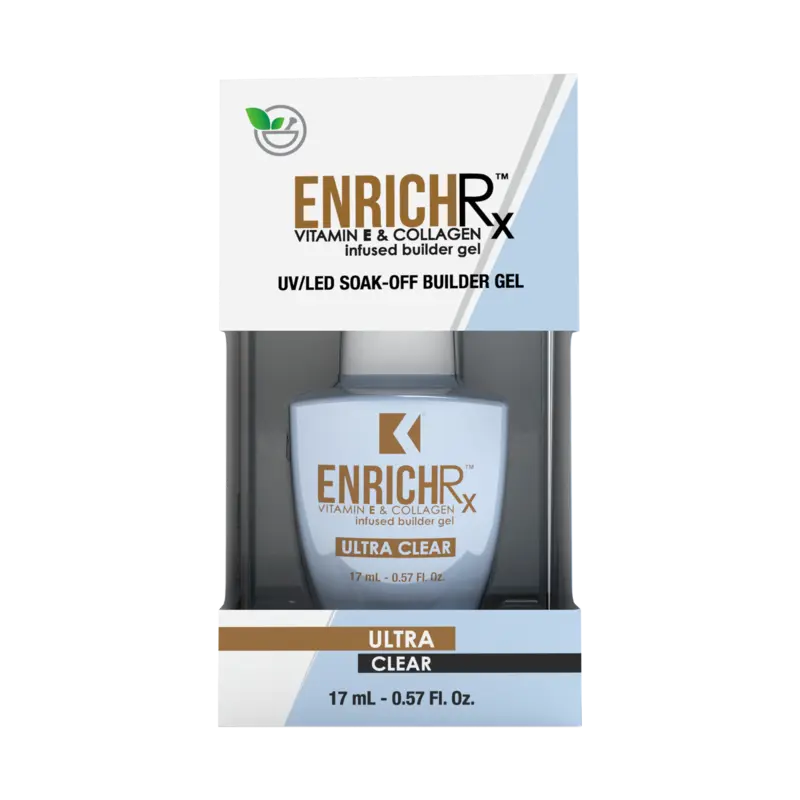 A 17 mL (0.57 fl. oz) box of Kupa ENRICHRx Builder Gel, formulated as a Vitamin & Collagen Ultra Clear Gel for UV/LED soak-off applications.