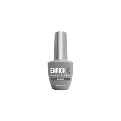 A bottle of Kupa ENRICHRx Essentials Gel Base Coat 0.57oz is showcased against a black background.