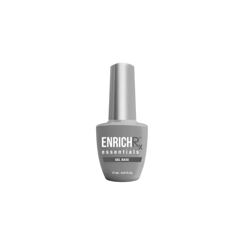 A bottle of Kupa ENRICHRx Essentials Gel Base Coat 0.57oz is showcased against a black background.