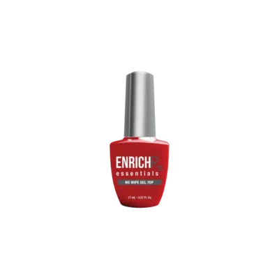 A bottle of Kupa ENRICHRx Essentials No Wipe Gel Top Coat Gloss 0.57oz glistens with its vibrant red color and silver cap against a black background. This elegant and durable nail polish offers a brilliant no wipe finish in a sleek design.