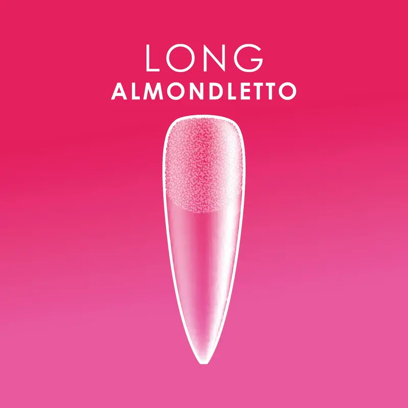 Illustration of a "Long Almondletto" nail shape on a pink gradient background, showcasing the chic sophistication of Kupa ENRICHRx Sof Gel Tips 550ct. ALMONDLETTO.