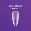 A purple illustration of a medium round brush tip is featured with the text "MEDIUM ROUND" above it, offering precision and control. It is ideal for use with Kupa ENRICHRx Sof Gel Tips 550ct. ROUND.