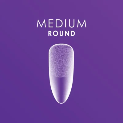 A purple illustration of a medium round brush tip is featured with the text "MEDIUM ROUND" above it, offering precision and control. It is ideal for use with Kupa ENRICHRx Sof Gel Tips 550ct. ROUND.