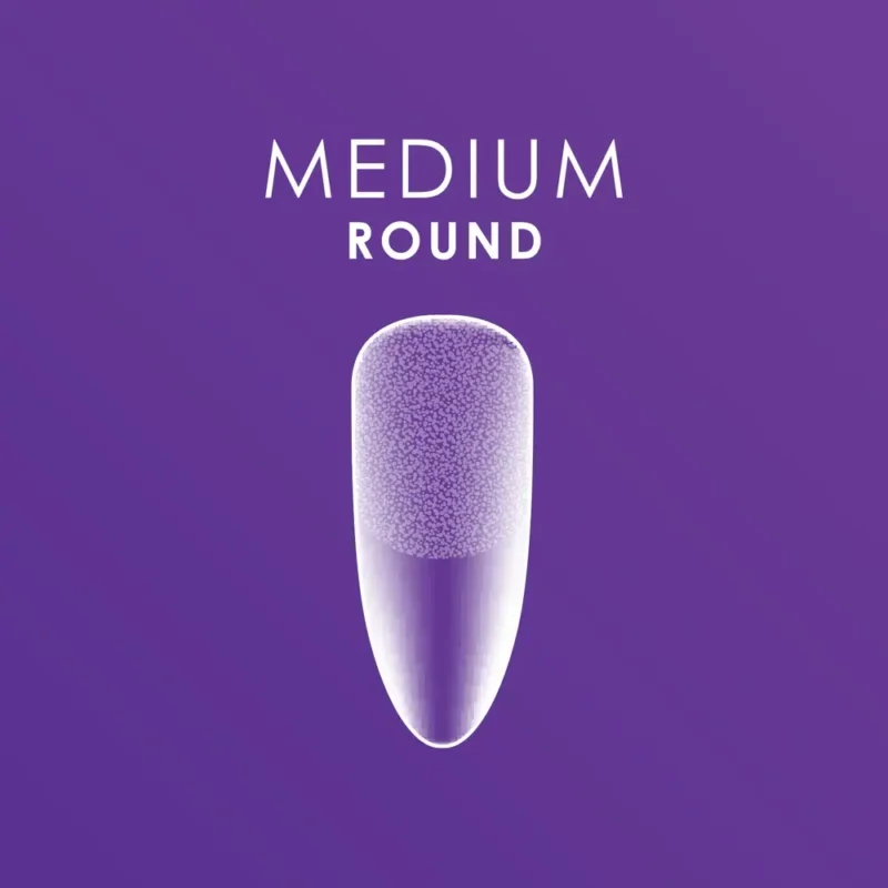 A purple illustration of a medium round brush tip is featured with the text "MEDIUM ROUND" above it, offering precision and control. It is ideal for use with Kupa ENRICHRx Sof Gel Tips 550ct. ROUND.