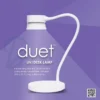 A black, flexible UV/LED Desk Lamp on a purple background, labeled "Kupa DUET," highlights dual functionality and hands-free portability. In the bottom right corner, a QR code is available to connect you with further information.