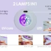 Diagram showcasing the Kupa DUET UV/LED/Desk Lamp - Black, a versatile 2-in-1 desk lamp with 3 UV lights and 9 LED bulbs. It is equipped with an infrared induction sensor for touch-free operation, making it perfect for gel tips, line art, and jewel application.