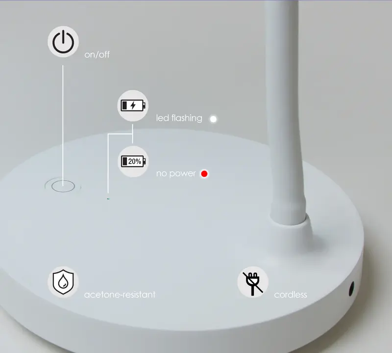 The stylish black circular base, reminiscent of the elegant design of the Kupa DUET UV/LED/Desk Lamp - Black, includes a power button and a status light showing lack of power. It also features an LED indicator and alerts you when there's 20% battery remaining. Acetone resistance and cordless functionality further enhance its versatility, much like the Kupa DUET device itself.