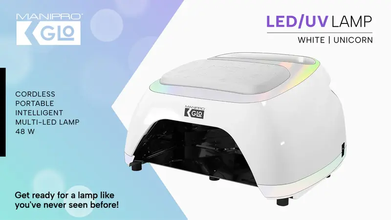 The Kupa ManiPro GLO Lamp - White With Unicorn Trim is a cordless, portable 48W LED/UV light featuring a sleek rectangular design and logo branding on the side, making it both stylish and functional for your nail care needs.