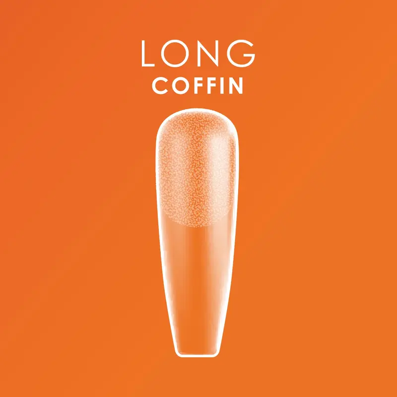 Set against an orange backdrop, the words "LONG COFFIN" stand out, showcasing a single long, coffin-shaped Sof Gel Tip in a light orange hue. Expertly finished with Kupa ENRICHRx for exceptional durability and shine.