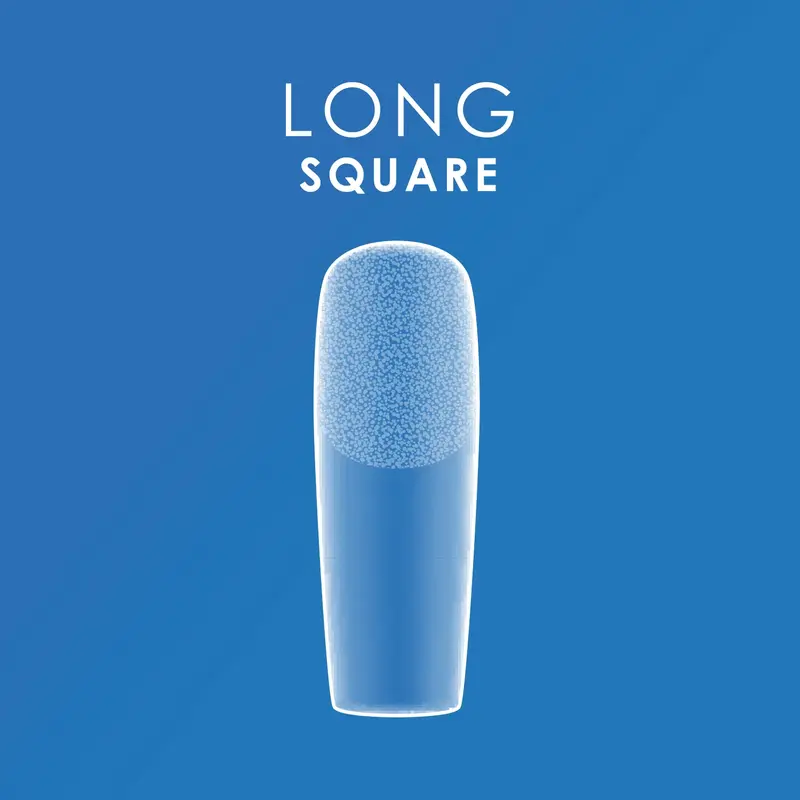 Illustration of a long, square-shaped, elongated nail design on a blue background, labeled "Long Square," featuring Kupa ENRICHRx Sof Gel Tips 550ct. SQUARE for added elegance.