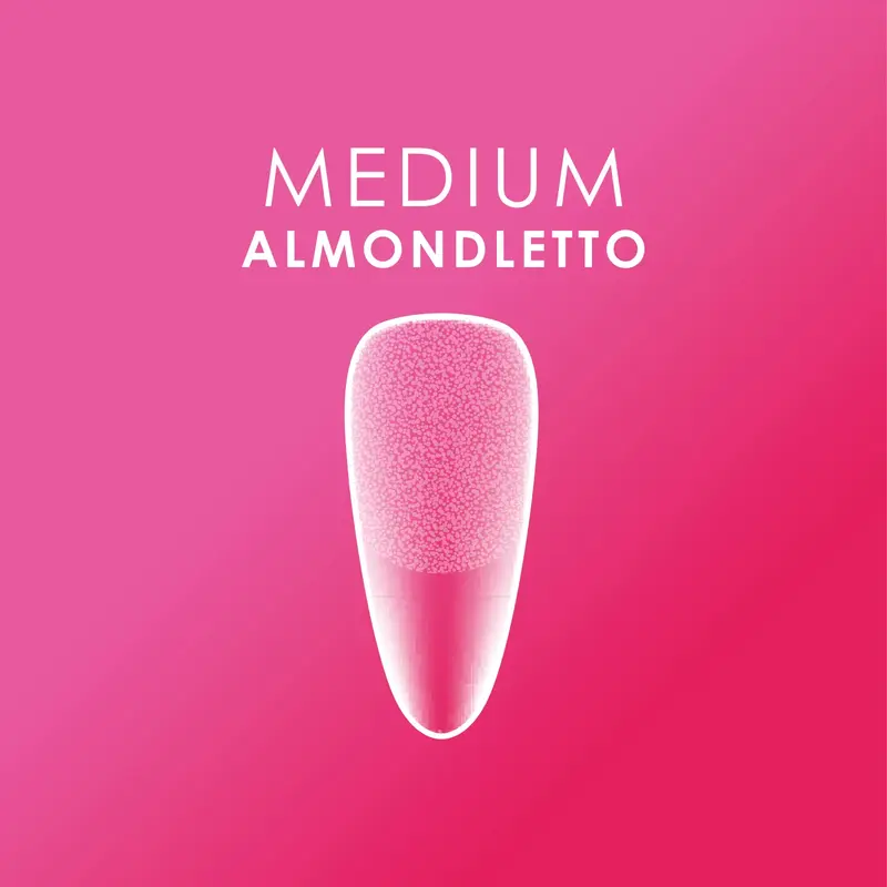 An illustration of a medium almond-shaped artificial nail, named "Medium Almondletto," stands out against a pink gradient background. These nails, enhanced with Kupa ENRICHRx, are part of the Sof Gel Tips 550ct. ALMONDLETTO collection.