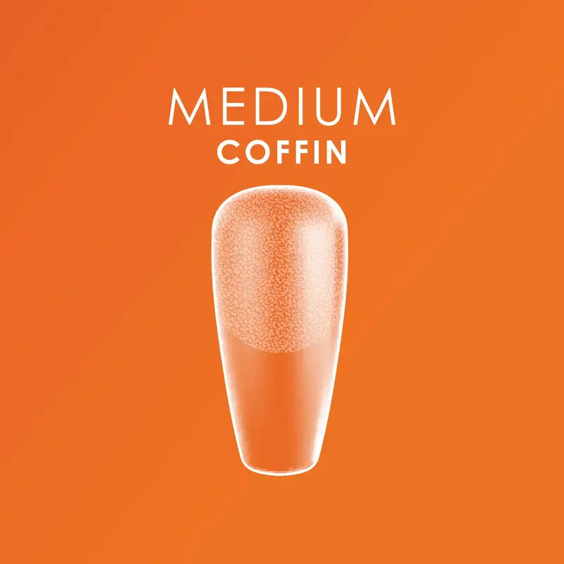 An image of a transparent, medium coffin-shaped glass bottle or Kupa against an orange background. Text above reads "Kupa ENRICHRx Sof Gel Tips 550ct. COFFIN - MEDIUM.