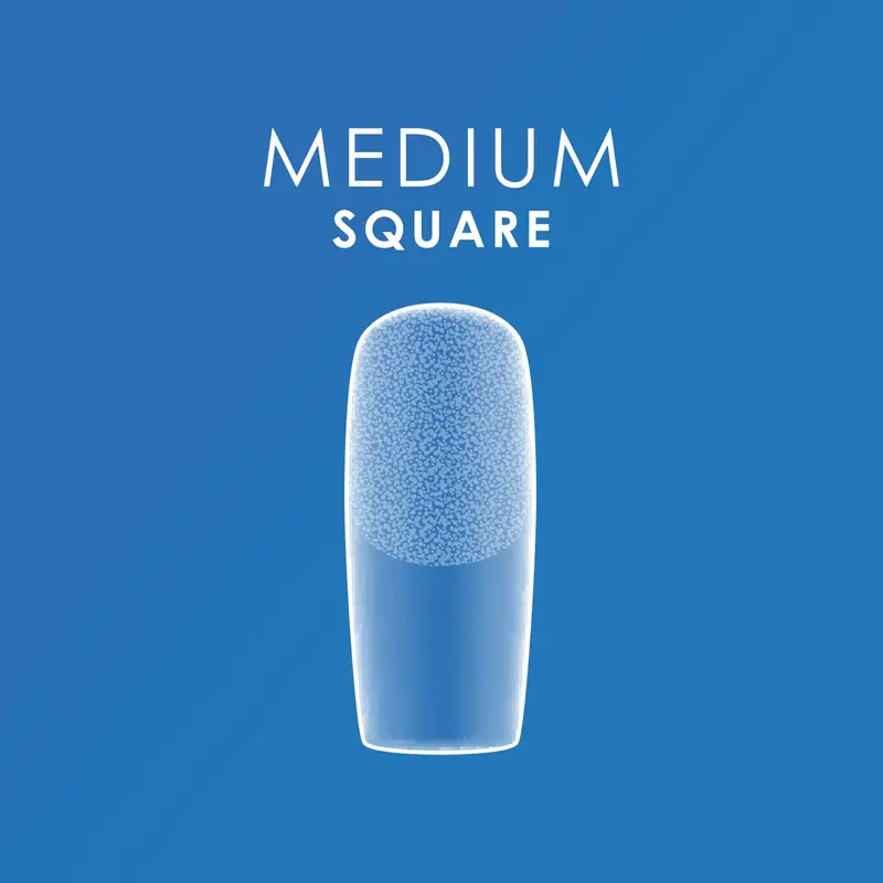 A medium square blue nail polish bottle stands elegantly on a blue background, reminiscent of the sleek design found in Kupa ENRICHRx Sof Gel Tips 550ct. SQUARE.