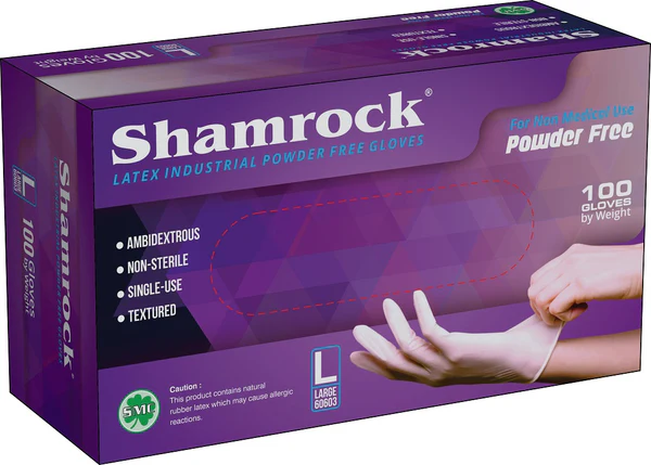 Discover our Shamrock Latex Powder Free Gloves, an ideal choice for wholesale needs. These industrial-grade gloves are packaged in purple boxes, with each box containing 100 large, ambidextrous, non-sterile, and textured single-use gloves. Perfectly suited for tasks that require precision and hygiene.