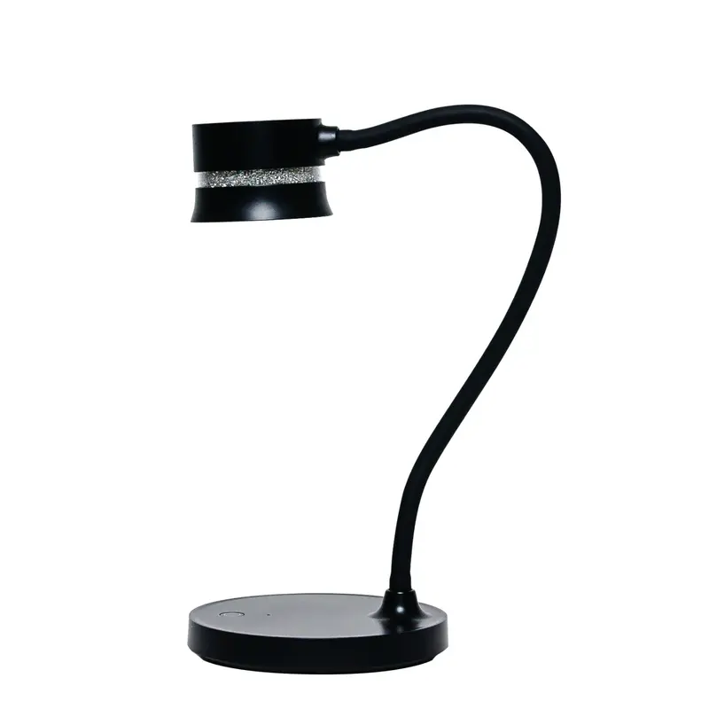 The Kupa DUET UV/LED desk lamp in black showcases a sleek and modern design with a flexible neck and a circular base.