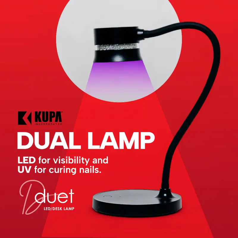 A versatile Kupa DUET UV/LED/Desk Lamp in black is highlighted against a red backdrop, featuring the text "UV/LED for visibility and curing nails," as part of a Kupa product advertisement.