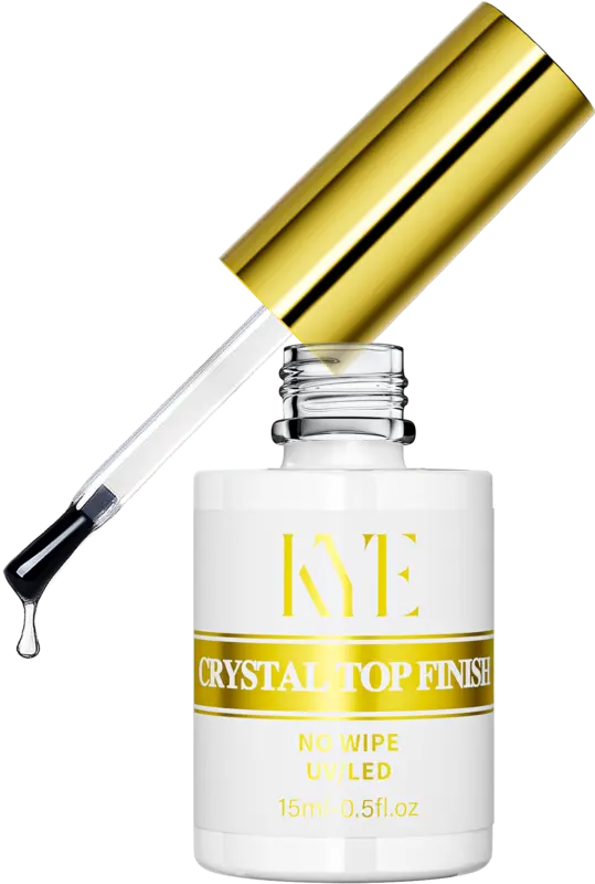 A bottle of KYE Crystal Top Finish nail polish featuring a gold cap and brush, designed for compatibility with the KYE Rubber Base 0.5oz (NO HEMA). The text reads "No Wipe UV/LED, 15ml - 0.5fl. oz." Enjoy a flawless finish with the NO HEMA formula for safer application.