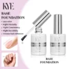 Two 0.5oz bottles of KYE Rubber Base, a NO HEMA formulated foundation nail product with a dropper, offer benefits such as high durability and enhanced nail adhesion. An illustration depicts its application on a fingernail.