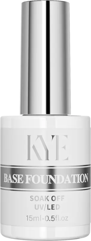 A white bottle labeled "KYE Rubber Base 0.5oz (NO HEMA)" offers the convenience of soak-off under UV/LED light in a generous 15ml (0.5 fl. oz) size, ensuring peace of mind with its NO HEMA formulation.