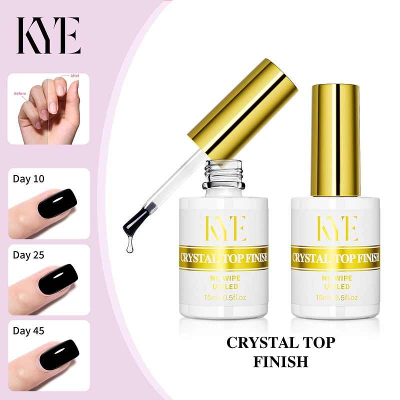 The image showcases KYE Rubber Base 0.5oz nail polish, featuring a hand with polished nails that maintain their durability for an impressive 10, 25, and even 45 days. This product is crafted with a NO HEMA formulation to ensure safer application.