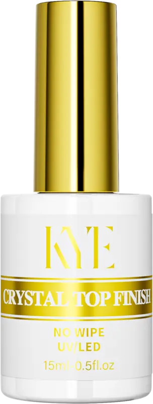 A white and gold bottle labeled "KYE Rubber Base 0.5oz (NO HEMA)" offers a flawless shine with its NO HEMA formula, ensuring a gentle yet resilient finish for all your nail art needs.