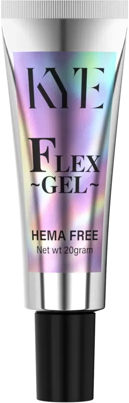 Silver tube labeled "KYE Flex Gel," containing 0.5oz with NO HEMA, offers a smooth application similar to the KYE Rubber Base 0.5oz (NO HEMA).