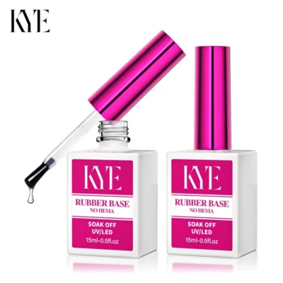 Two bottles of KYE Rubber Base 0.5oz (NO HEMA) nail polish, each featuring pink caps. One of the bottles shows a brush coated with the "No HEMA" formula. The packaging indicates "Soak Off UV/LED.