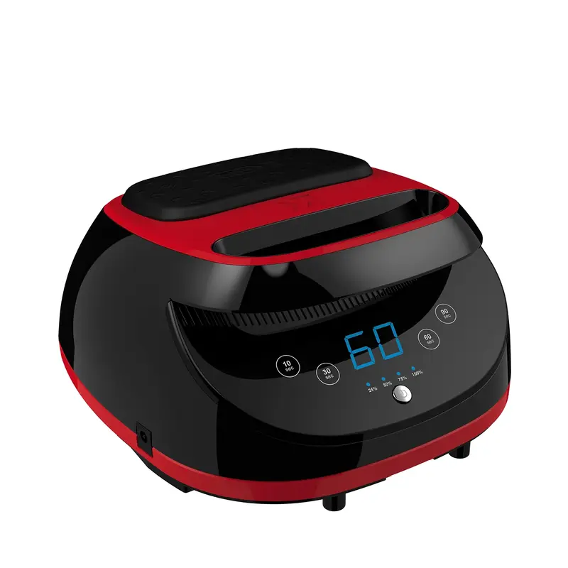 The Kupa ManiPro GLO Lamp in black with red trim showcases a vibrant blue display reading "60" and intuitive touch buttons on the front, blending style with functionality.