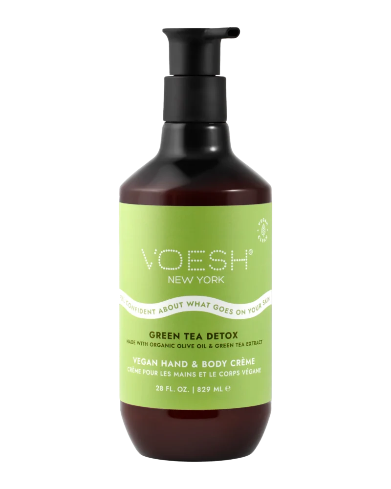 The Voesh Vegan Hand & Body Crème 28oz, with a pump dispenser and green packaging, is perfect for nourishing your skin.