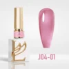 A bottle of Lavis Popular Jelly Gel 0.5oz (J04) with a gold cap is beside a swatch of shiny pink color.