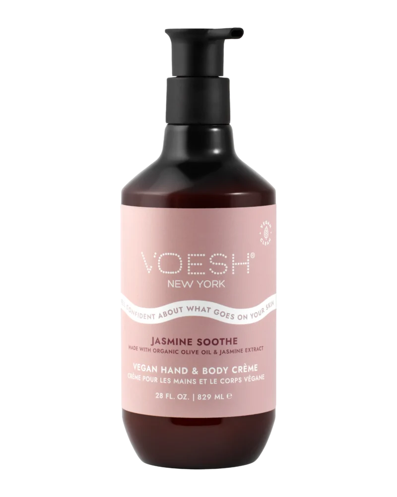 The Voesh Vegan Hand & Body Creme "Jasmine Soothe," enriched with organic olive oil and jasmine extract, comes in a 28 fl. oz./829 mL bottle, offering vegan luxury to nourish your skin.