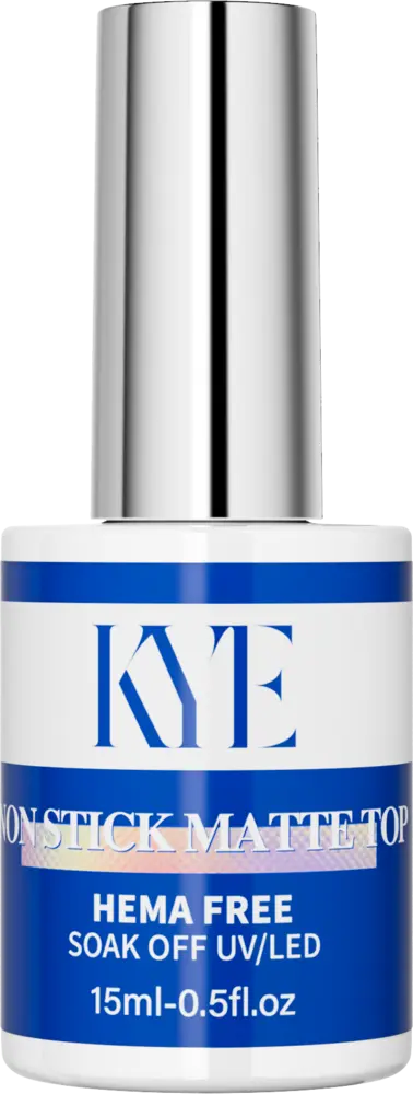 The KYE Gel Non-Stick Matte Top nail polish comes in a 0.5 oz bottle, is HEMA free, and designed for easy soak-off with UV/LED application.